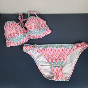 Victorias Secret Getaway Halter Bikini Set 36D Large Pink Blue Ikat Scalloped